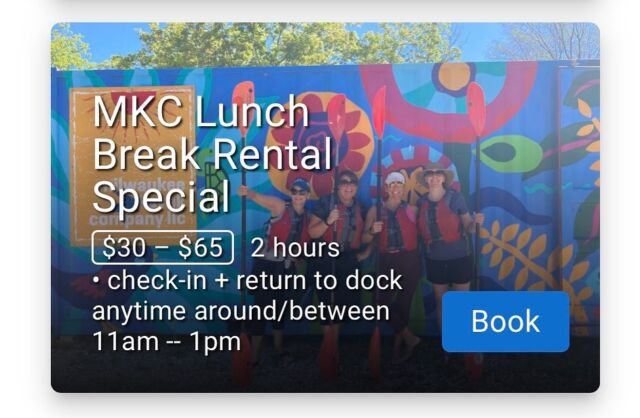 New! Lunch Break Rental Specials all week long. 11am-1pm ☀️🚣🏻‍♀️ Book online, text or call. Enjoy your time!
•
#MKC #milwaukeekayak #milwaukeeriver #milwaukeekayakcompany #milwaukeekayakcompanytours #takemetotheriver #teammkc #harbordistrict #wisconsin #river #kayaking #10yearsafloat #jerrysdocks #schlitzpark #summer