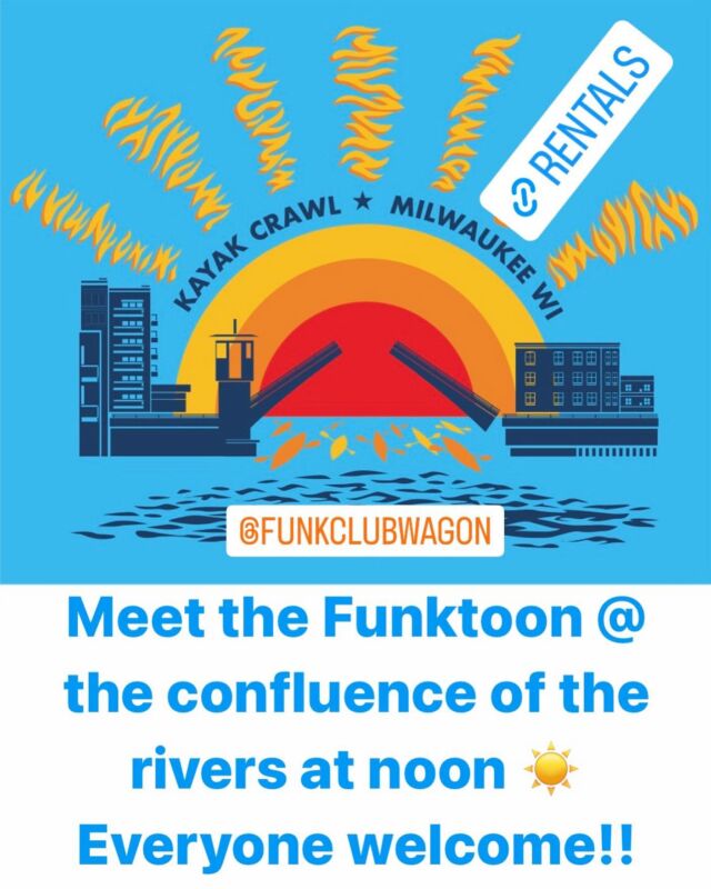 This Sunday is our first annual Kayak Crawl! Meet the Funktoon at the confluence of the Milwaukee and Menomonee Rivers at noon! Everyone is welcome and if you need to rent a kayak, we’ll be renting from our main and @twistedfishermanmke locations. Link in our stories.
•
@funkclubwagon #MKC #milwaukeekayak #milwaukeeriver #milwaukeekayakcompany #milwaukeekayakcompanytours #takemetotheriver #teammkc #harbordistrict #wisconsin #river #kayaking #11yearsafloat #jerrysdocks #schlitzpark #twistedfisherman #summer