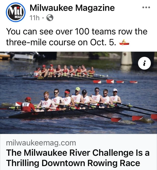 The Milwaukee River Challenge is this Saturday. Teams from here and all over the country will be rowing from @schlitzparkmke, down the Milwaukee River and then up the @menomoneerivervalley. Great spots to watch all along the @milwaukeeriverwalk.
•
The event will go until about 2pm so we’ll be opening at 2pm on Saturday.
•
Today and tomorrow, we’re open 10am until 7pm or until all kayaks are back to the dock. Saturday 2pm-7pm and Sunday 9am-7pm.
•
Open all next week and weekend then after October 13th, by reservation only until the chilly weather sets in ☀️ Thanks everyone!
•
#MKC #milwaukeekayak #milwaukeeriver #milwaukeekayakcompany #milwaukeekayakcompanytours #takemetotheriver #visitmilwaukee #teammkc #milwaukee #wisconsin #kayaking #milwaukee #wisconsin