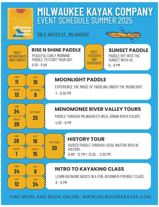In addition to our daily rentals, we offer a varity of tours + classes. Here’s a quick look at what this summer has to offer! And thanks Maisie from #TeamMKC for making this cool flyer for us! 💙☀️🛶⭐️
•
#MKC #milwaukeekayak #milwaukeeriver #milwaukeekayakcompany #milwaukeekayakcompanytours #takemetotheriver #visitmilwaukee #teammkc #milwaukee #wisconsin #kayaking #milwaukee #wisconsin #puravida #tellmeallyourdreams #valentine #bemine #wearit #wearyourlifejacket #spring #summer #jerrysdocks #jerryssilomarina #teamspirit