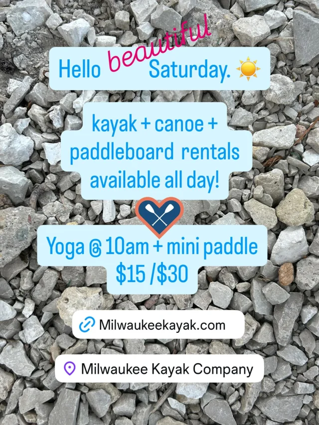 Hello Saturday! Open today until 7:30pm for kayak + canoe + paddleboard rentals. Also, yoga here at 10am + mini paddle $15/$30.
•
Sunday, Outdoorsy Triathlon, organized by @yellowwoodgear, @wheelandsprocket and MKC… hike, bike & paddle 🛶 Register online @ outdoorsytrimke.com
•
#MKC #milwaukeekayak #milwaukeeriver #milwaukeekayakcompany #milwaukeekayakcompanytours	
#takemetotheriver #visitmilwaukee #teammkc #wisconsin #kayaking #milwaukee #discoverwisconsin #puravida #bemine #wearit #summer #jerrysdocks #river #tellmeallyourdreams #goodvibesonly