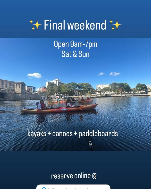 Final weekend of the season! Open today & tomorrow 9am-7pm ✨Then… see you next spring! 
•
•
#MKC #milwaukeekayak #milwaukeeriver #milwaukeekayakcompany #milwaukeekayakcompanytours	
#takemetotheriver #visitmilwaukee #teammkc #wisconsin #kayaking #milwaukee #discoverwisconsin #puravida #bemine #wearit #summer #jerrysdocks #river #tellmeallyourdreams #goodvibesonly