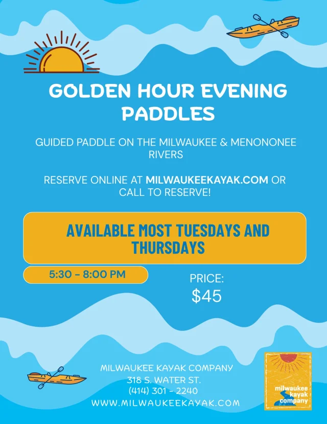 Hi everyone! Our Golden Hour Paddles begin this Thursday, June 4th. Join us from 5:30-8pm as we paddle together, exploring the Milwaukee, Menomonee and Harbor/Hoan bridge. We’ll decide the route as we gather together before we launch. Kayaks, life jackets, paddles and dry bags included. Registration required please!
What to bring: water bottle, camera, wear athletic clothing, thin soles shoes/sandals, an extra layer/wind breaker, sunscreen and good vibes!
Hope to see you, register online at www.milwaukeekayak.com 🤍
#milwaukee #milwaukeekayak #mkc #teammkc #takemetotheriver
@visitmilwaukee @mkedowntown @discoverwisconsin @discovermilwaukee @harbordistrict